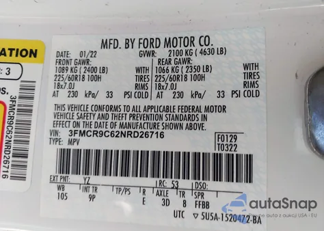 2022 Ford Bronco Sport Outer Banks из США, поврежденный, VIN 3FMCR9C62NRD26716